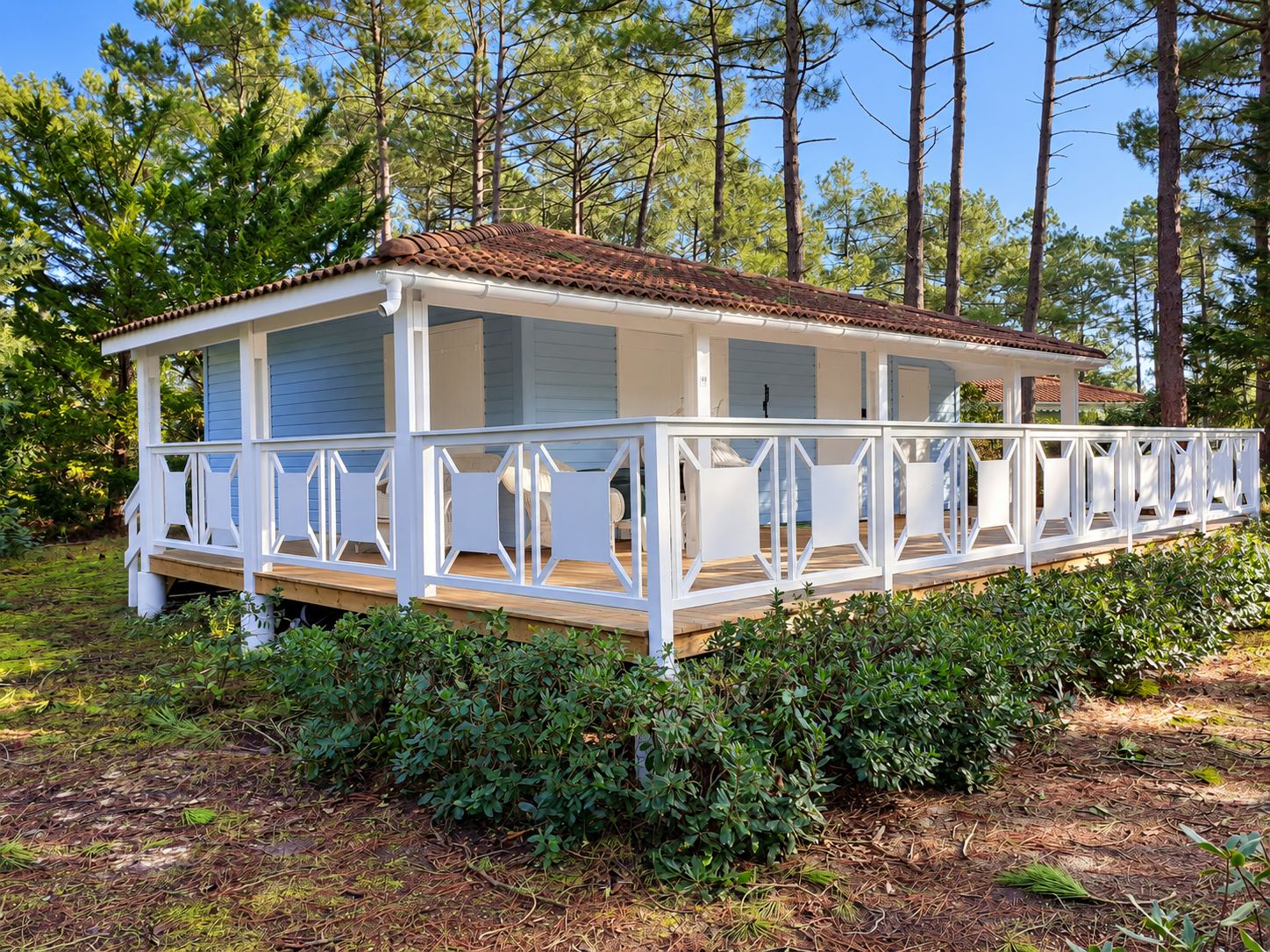 Un bungalow en bois bleu clair doté d'une grande terrasse couverte à balustrade blanche, entouré de pins et d'arbustes.