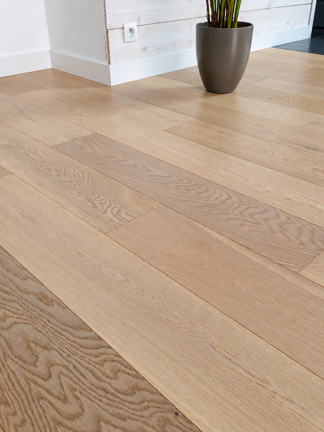 Sol en parquet de chêne clair à larges lames, avec un pot de plante grise près d'un mur blanc en bois et d'une plinthe blanche.